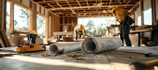 Architectural Blueprints and Measuring Tools Lie on a Table Inside a Home Under Construction