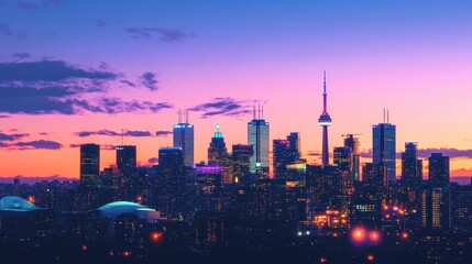 Fototapeta premium City skyline at dusk with colorful sky.