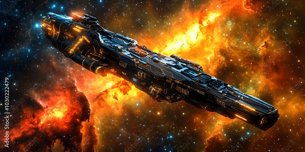 Poster a futuristic spaceship navigating through a vibrant cosmic nebula.
