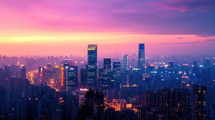 Fototapeta premium A city skyline at dusk with glowing lights.