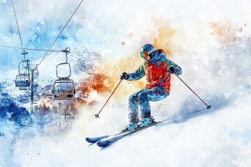 Joyful Winter Sport Adventure: Skier and Snowboarder Enjoying Fast Action on the Mountain Slopes