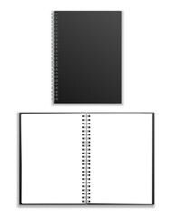 Realistic black notebook open and closed isolated on transparent background