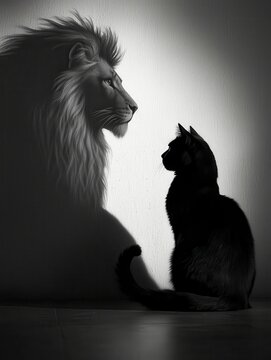 Black cat sits in stillness, casting a lion's silhouette on the wall, symbolizing inner strength, courage, and transformation. Perfect for themes of self-confidence, personal growth, and empowerment.