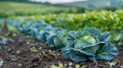 Freshly grown green cabbages in a vibrant vegetable garden surrounded by rich soil