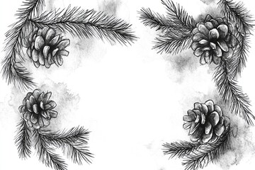 Naklejka premium New Year Celebration: Hand-drawn Watercolor Christmas Elements in Monochrome Frame
