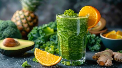 Fototapeta premium Refreshing green smoothie with healthy ingredients including kale, orange, and avocado