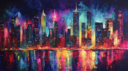 Obraz premium Abstract cityscape painting with vibrant colors.