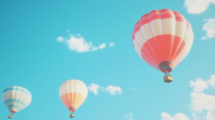 Three hot air balloons in a blue sky.
