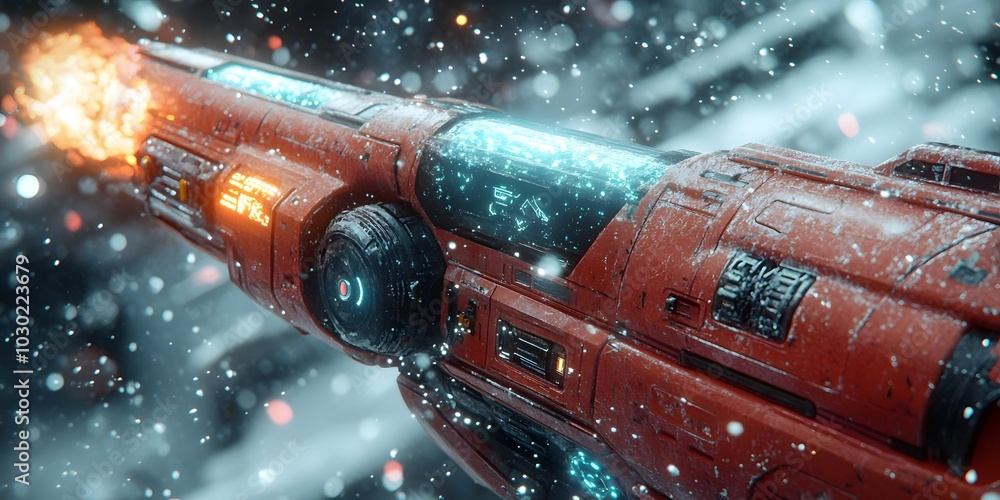Aufkleber a close-up of a futuristic spaceship firing in a snowy environment.