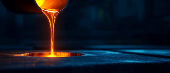 Liquid metal pours smoothly into a mold, creating an industrial scene illuminated by a warm glow against a dark background.