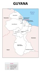 Guyana Map. State map of Guyana. Administrative map of Guyana with state and capital in white color.