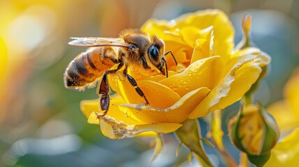 A busy bee collects nectar from a bright yellow rose in the garden during golden hour