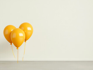 Three bright yellow balloons are grouped together against a plain wall, creating a cheerful and minimalistic indoor decor.