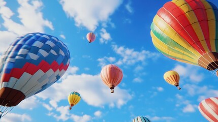 Obraz premium Colorful hot air balloons soar in a blue sky.