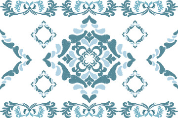 Blue and white embroidery, motif ethnic ikat seamless textile illustration, print striped ornament, pattern, design for wrapping, silk, scarf, clothing, background, textile, carpets, curtains.
