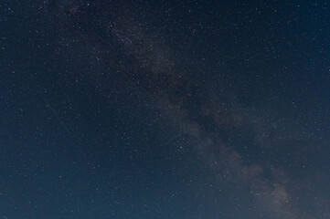 Long time exposure night landscape with Milky Way galaxy on the sky. Shooting star. Night sky.