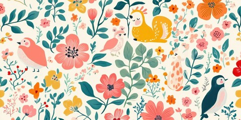 Colorful floral pattern with birds.