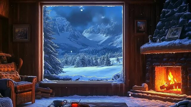 Cozy cabin interior with a fireplace, armchair and window view of snowy mountain landscape with falling snow.