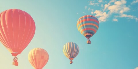 Obraz premium Four hot air balloons in a blue sky.