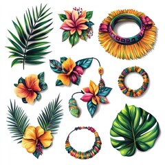 Summer Boho Chic: Watercolor Fashion Set with Palm Leaves and Sunglasses Illustration