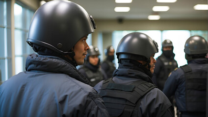 A line of men in helmets participating in security training, demonstrating teamwork and preparedness for safety protocols.
