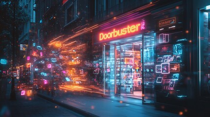 Obraz premium A storefront with massive glass doors bursting open, a wave of sale items like phones, fashion accessories, and tech gadgets flying out, glowing “Doorbuster” text in bright neon colors above,