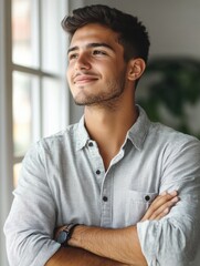 Stylish Young Man in Casual Shirt and Jeans, Posing Confidently with Hands on Hips