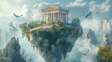 A majestic ancient temple sits atop a floating island amidst a breathtaking landscape of clouds and mountains.