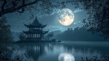 Obraz premium A traditional Chinese pagoda stands on a tranquil lake under a full moon. The building is reflected in the still water.
