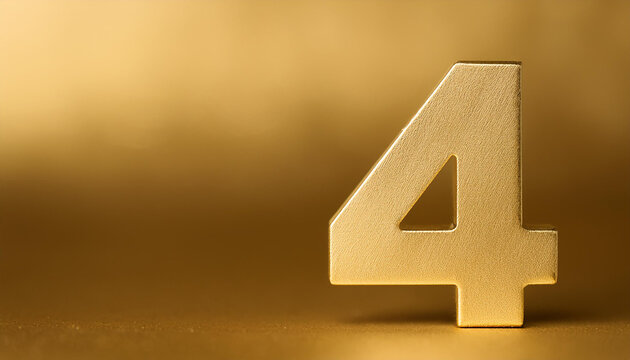 Golden number 4 four on golden background with gradient. Copy space. 3D rendering.