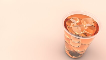 A 3D-rendered cup of iced tea filled with ice cubes, placed on a light, neutral background. The drink appears refreshing and is perfect for showcasing beverages in product presentations.