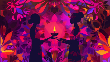 Silhouettes with lamps during Diwali against a colorful floral backdrop.