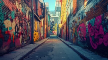 Fototapeta premium Graffiti-covered alleyway with a narrow, paved path.
