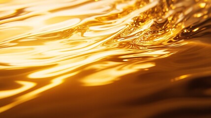 A close-up of golden liquid with reflective, flowing patterns, perfect for abstract and luxury designs