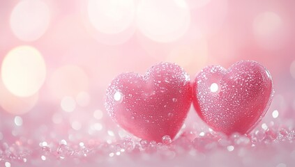 Two pink hearts with water drops on a pastel inspired background.