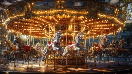 Ornate carousel with white horses.