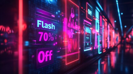 Fototapeta premium A stylized collage of browser windows showcasing online deals, bold “Flash Sale” and “70% Off” text glowing on each window, vibrant neon colors, floating discount tags and price symbols,