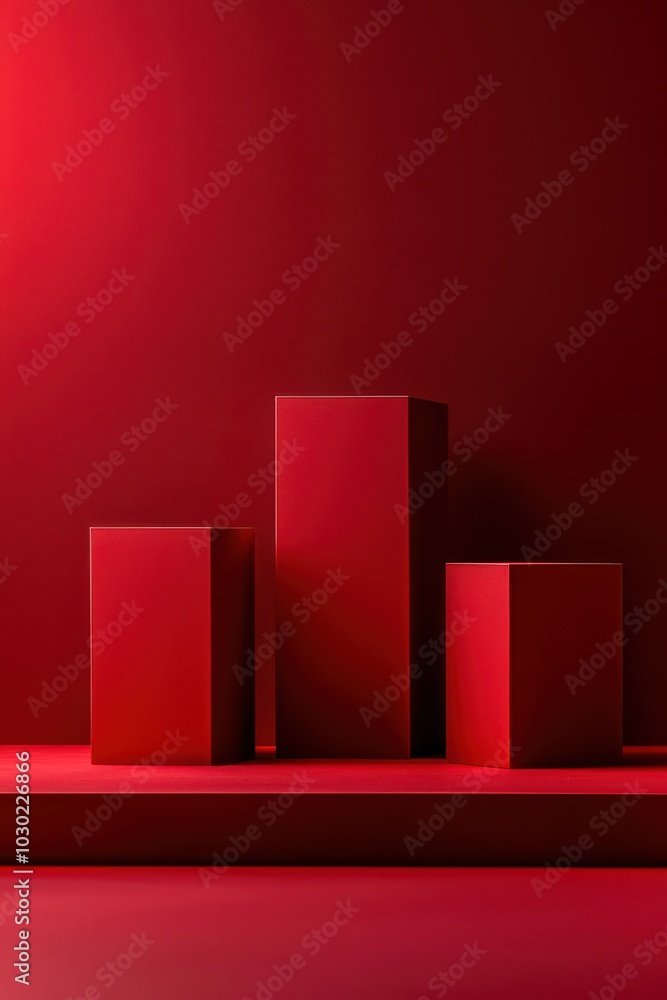 Poster red background with three cubes of varying sizes, creating a geometric and minimalist abstract scene
