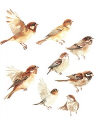 Fototapeta premium Watercolor Sparrows Celebrating the Number Seven in Vibrant Colors