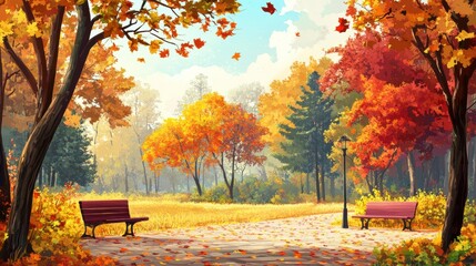 Autumnal park with benches and fallen leaves.