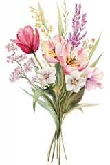Watercolor Spring Bouquet with Tulips and Blooming Flowers on Greeting Card