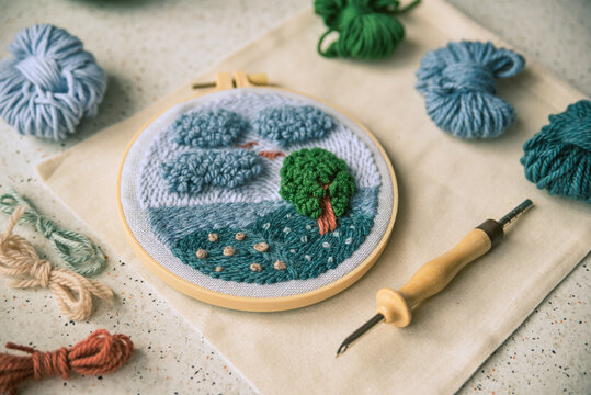  Supplies for making punch needle embroidery projects.