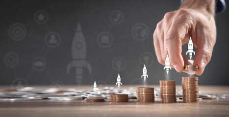 Coins with a Rocket. Growth. Business