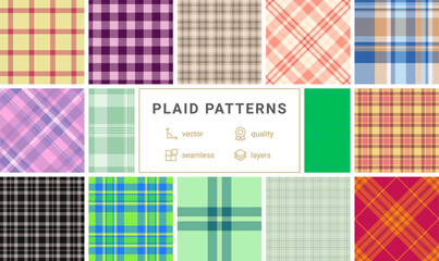 Plaid pattern collection with traditional Scottish checks, ideal for textiles, clothes, and classic shirt fabrics in rustic tones.