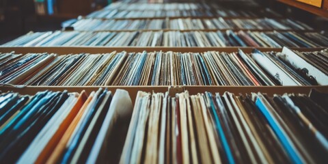 A close-up of a collection of vintage vinyl records.