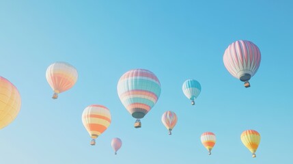 Fototapeta premium Colorful hot air balloons float against a blue sky.