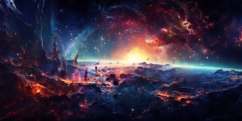 A colorful space scene with a planet in the foreground