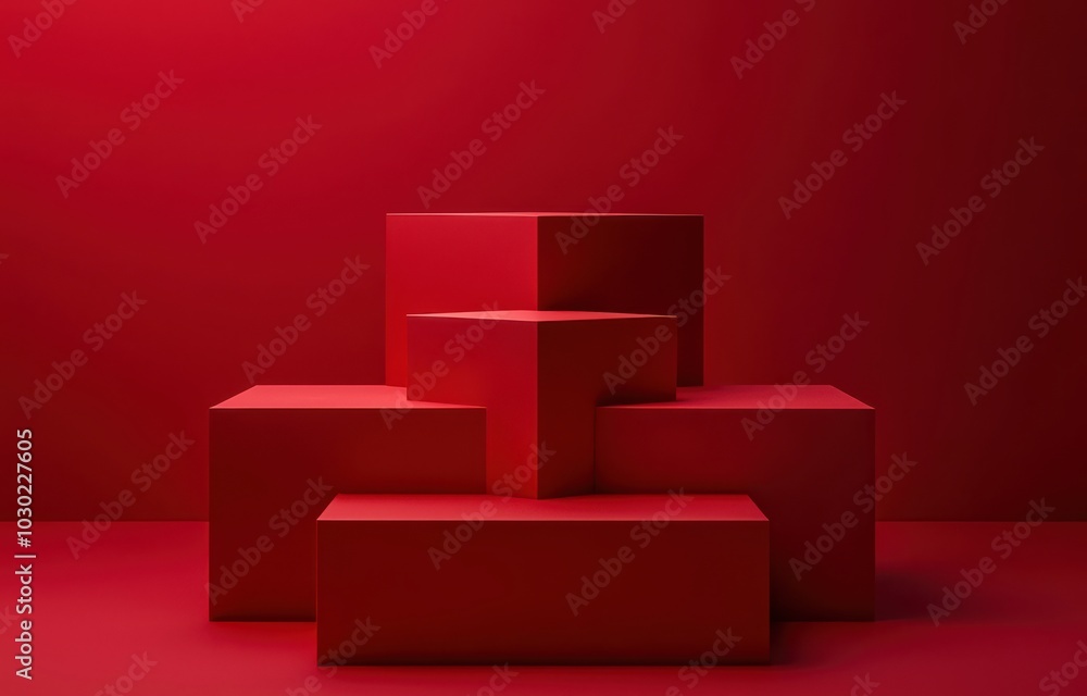 Poster minimalistic composition of three stacked cubes on a red background creating a modern and bold visua