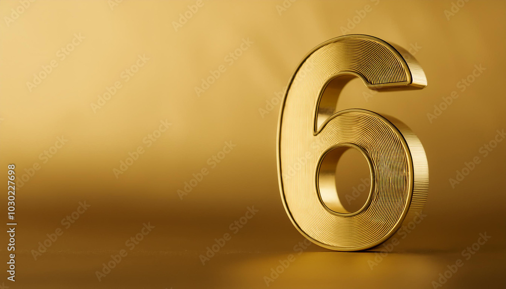 Poster golden number 6 six on golden background with gradient. copy space. 3d rendering.
