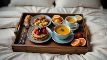 colorful tray of delicious food arranged neatly on top of a bed, ready to be enjoyed in a cozy and relaxing setting, Breakfast in bed Mothers Day concept.